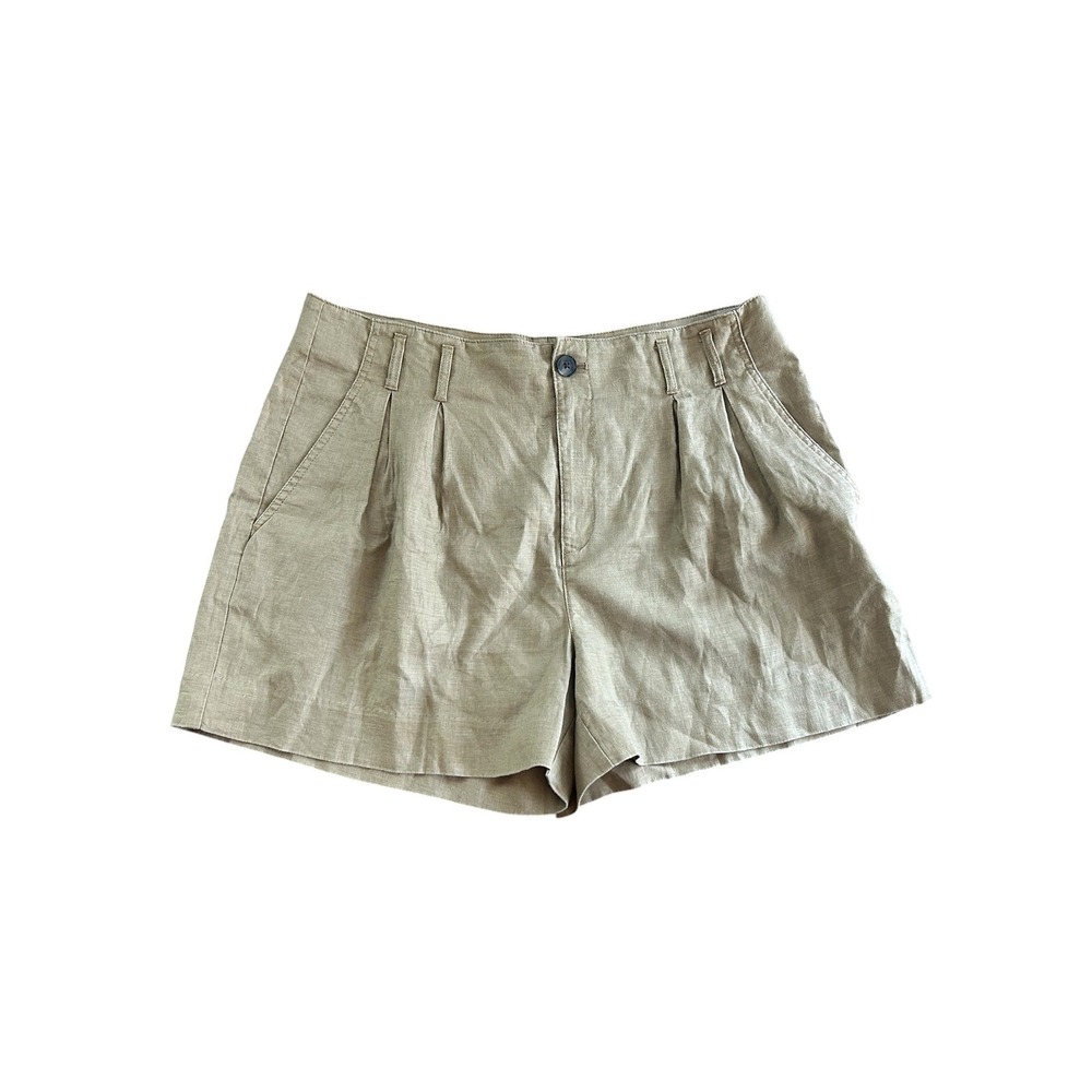 Banana Republic Women Khaki Tan‎ 100% Linen Pleated High Rise Shorts Sz 14